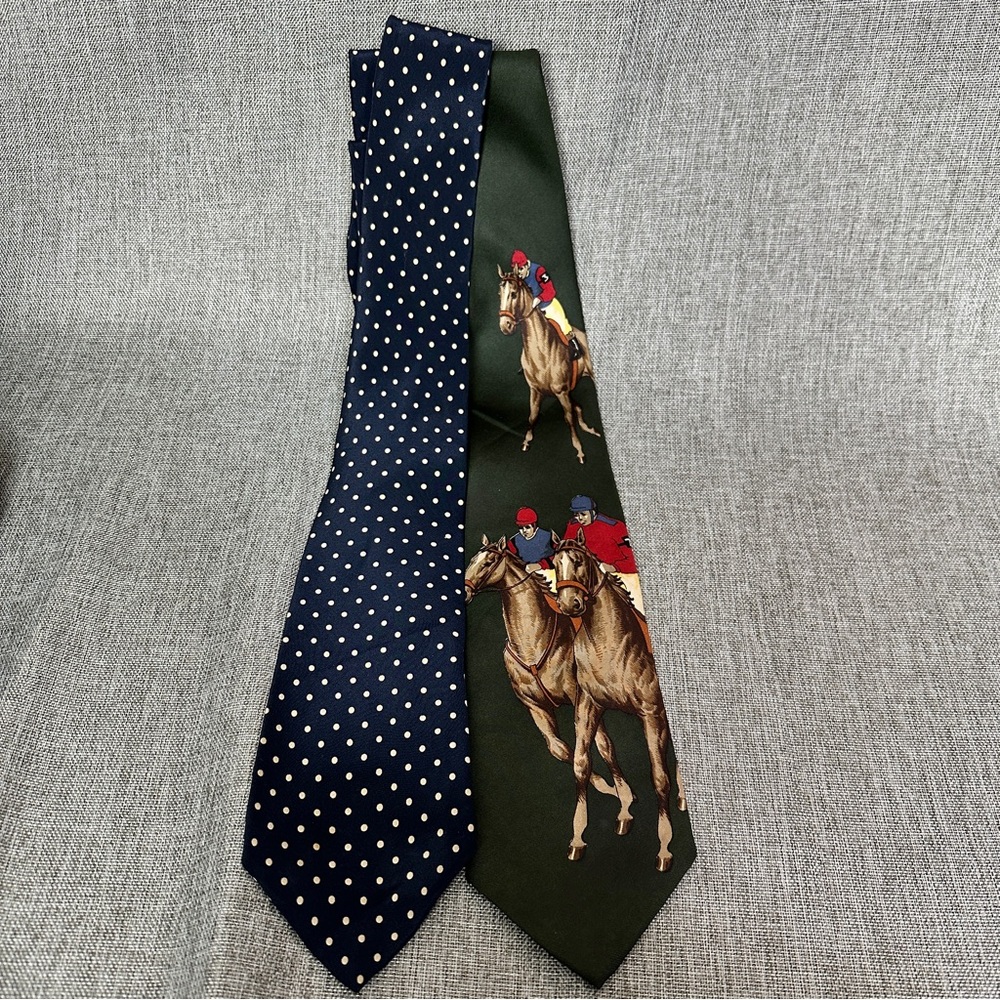Vintage Ralph Lauren Silk Equestrian Green and Navy Polka Dot Tie Set
